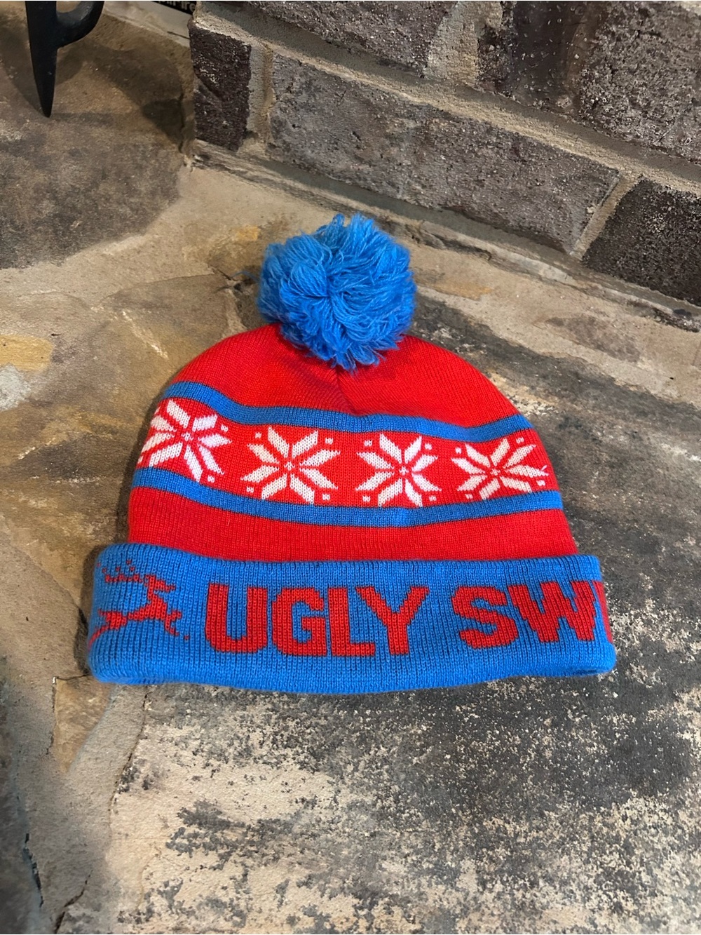 Mens or Womens Red and Blue 'Ugly Sweater' Pom Beanie Toboggan